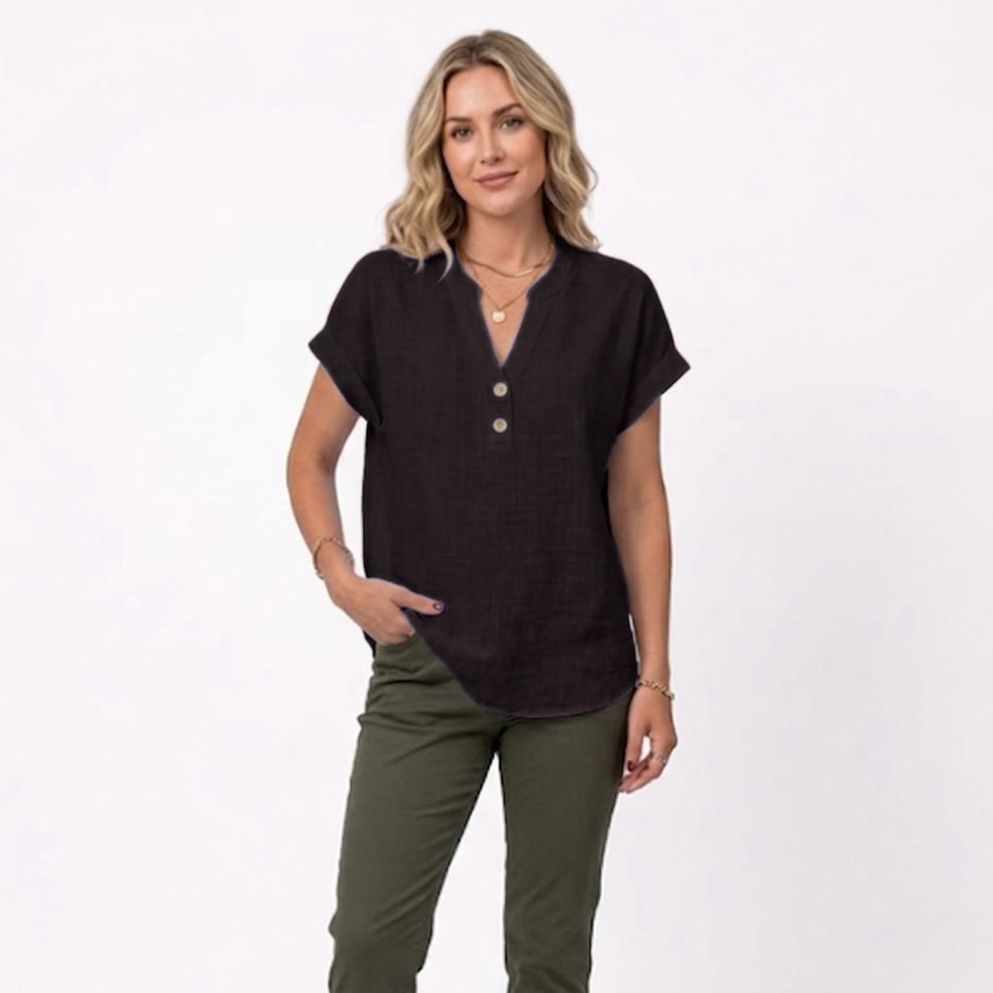 Bluse Damen Locker V-Ausschnitt Kurzarm Casual