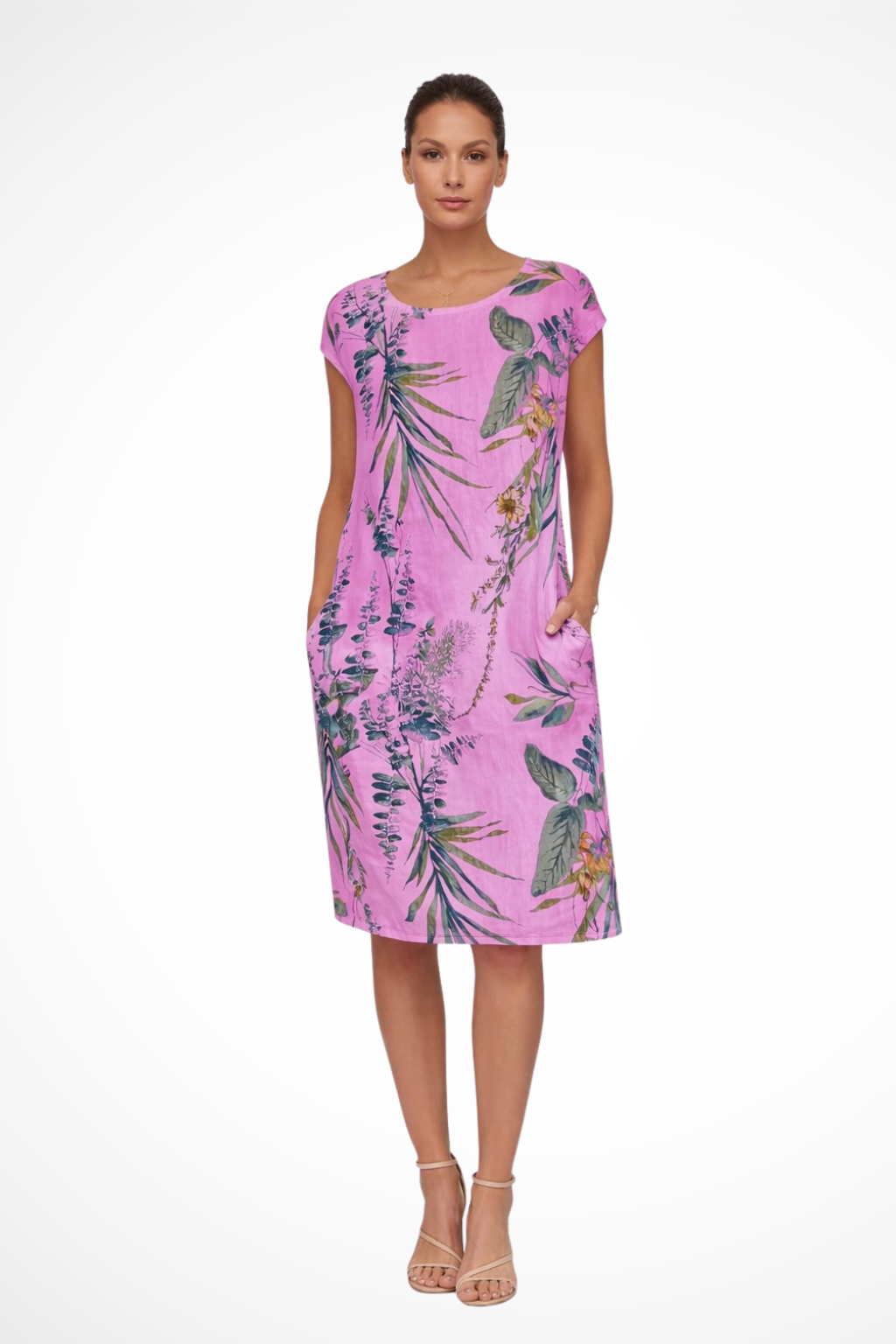 Botanisches Sommerkleid für Damen im lässigen Schnitt mit Seitentaschen