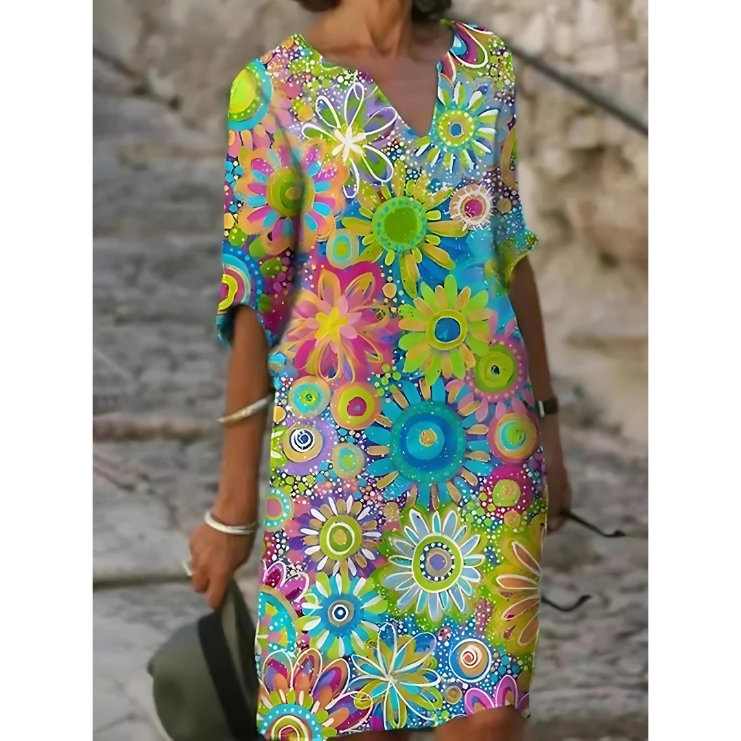 Kleid Damen Regular Fit Frühling & Sommer V-Ausschnitt Blumenmuster