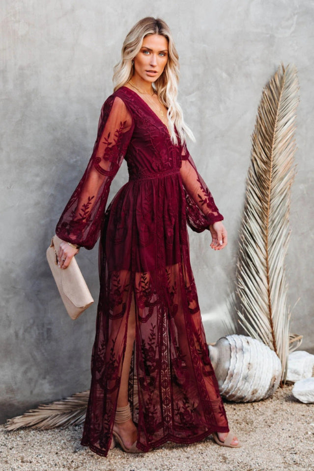 Langes Kleid Damen Boho Spitze V-Ausschnitt Hoher Schlitz