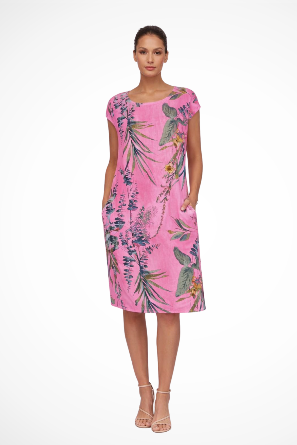 Botanisches Sommerkleid für Damen im lässigen Schnitt mit Seitentaschen
