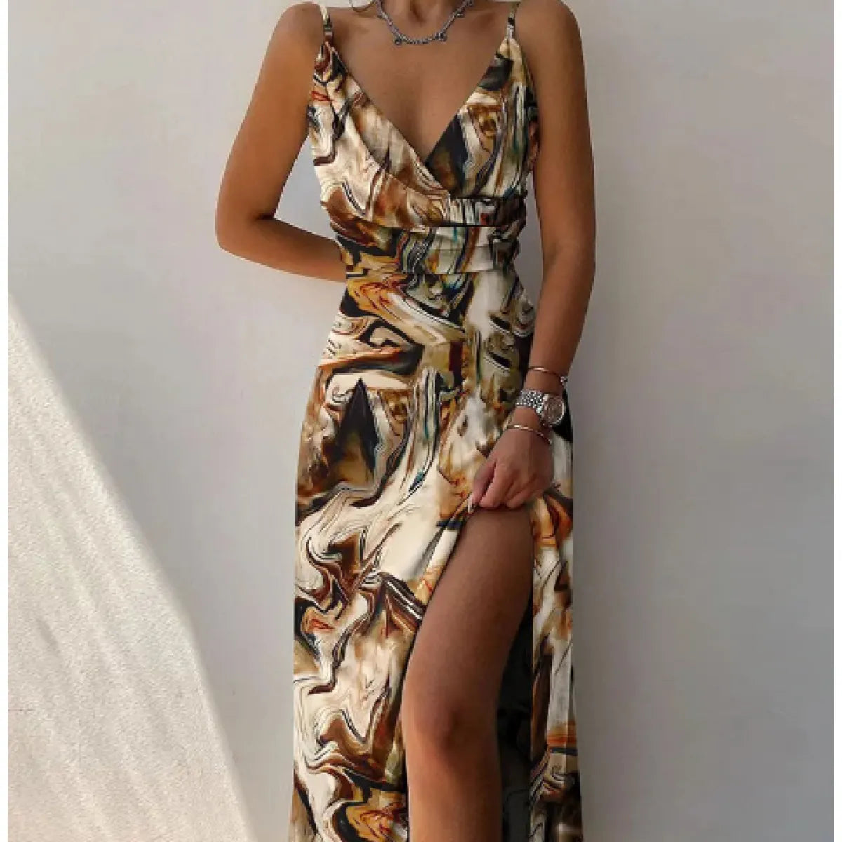 Sommerkleid Damen Slim Fit V-Ausschnitt Spaghettiträger Schlitz