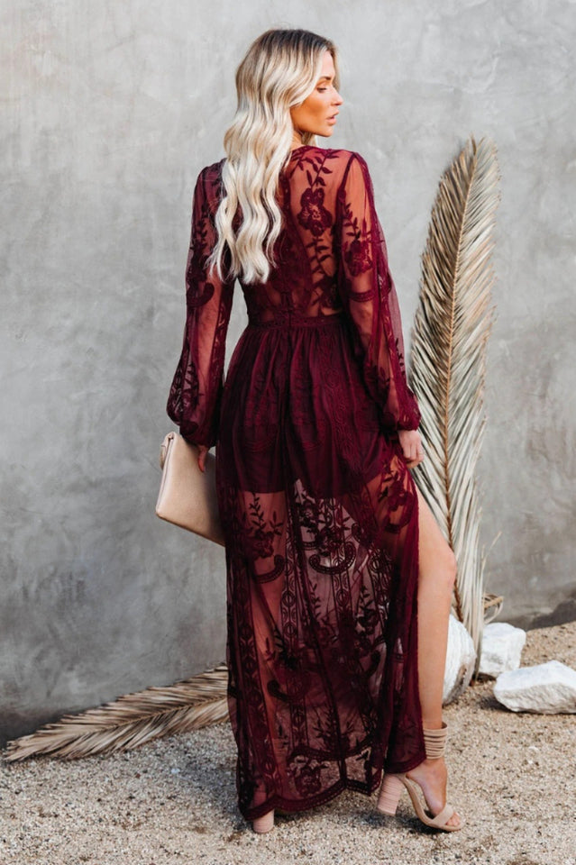 Langes Kleid Damen Boho Spitze V-Ausschnitt Hoher Schlitz