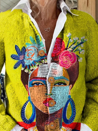 Freda Porträt Ölgemälde Kunst Print | Knopf-Cardigan Pullover