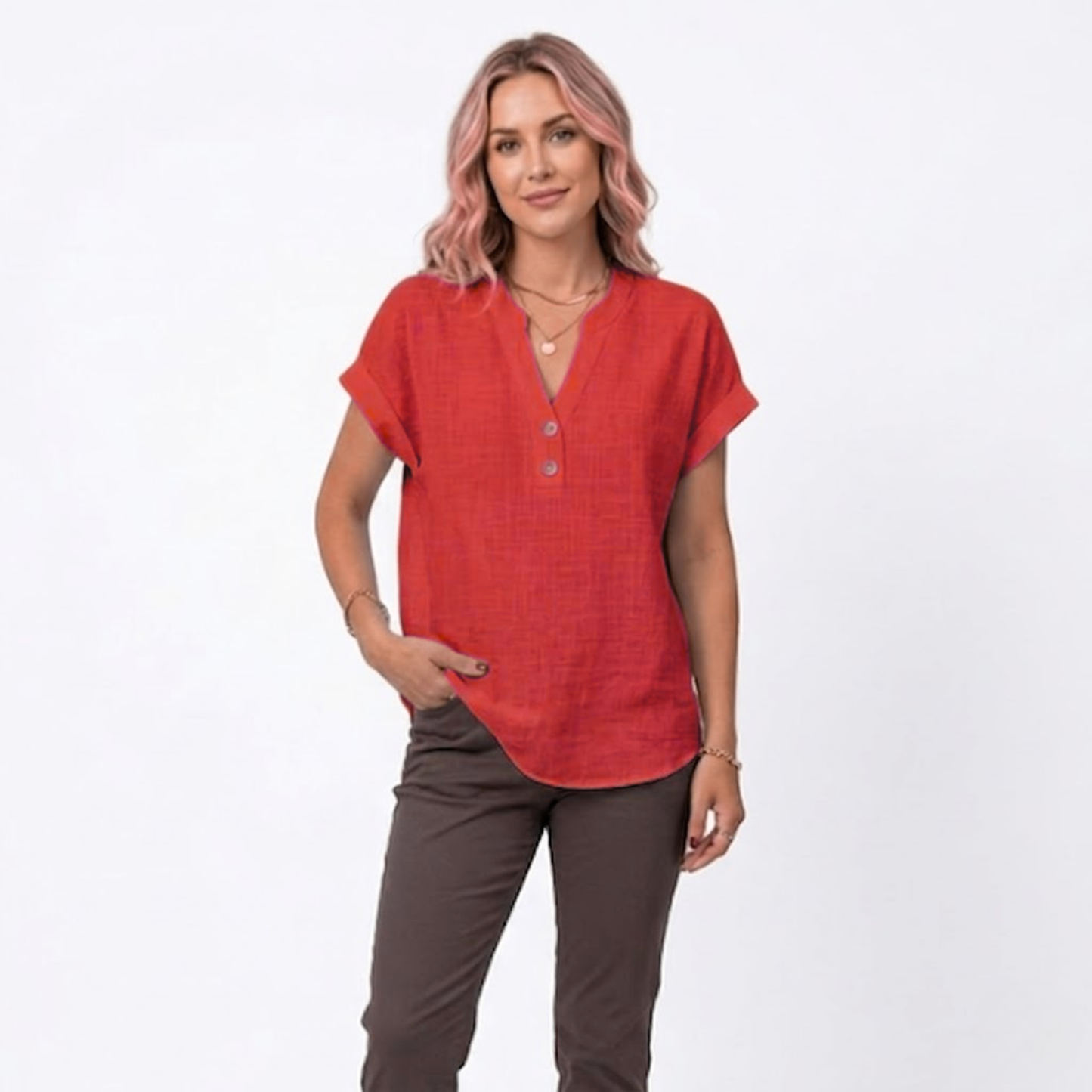 Bluse Damen Locker V-Ausschnitt Kurzarm Casual