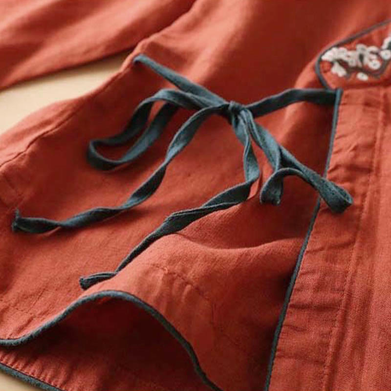 Lässige Langarm-Chemise für Damen mit Buddha- und Blumenstickereien