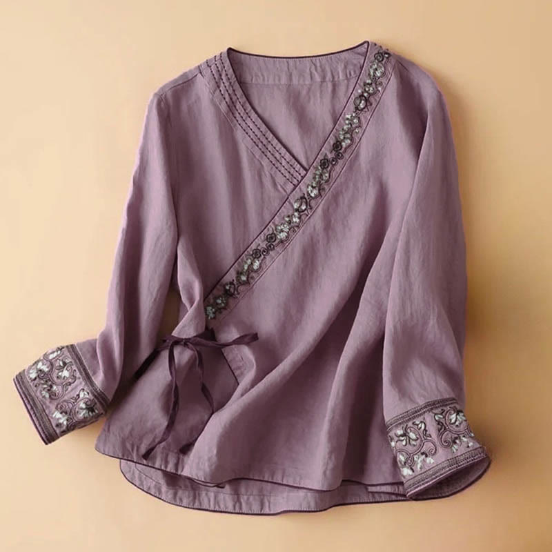 Lässige Langarm-Chemise für Damen mit Buddha- und Blumenstickereien