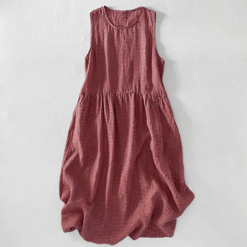 Damen Ärmelloses Midi Kleid Regular Fit Casual mit Karomuster und Taschen