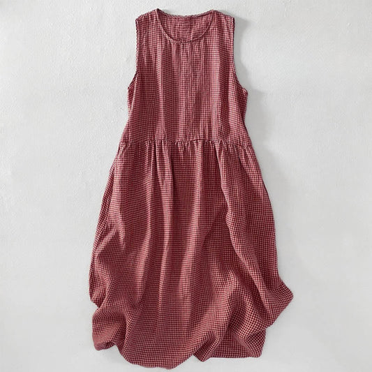 Damen Ärmelloses Midi Kleid Regular Fit Casual mit Karomuster und Taschen