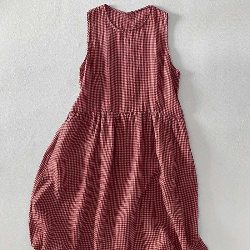 Damen Ärmelloses Midi Kleid Regular Fit Casual mit Karomuster und Taschen