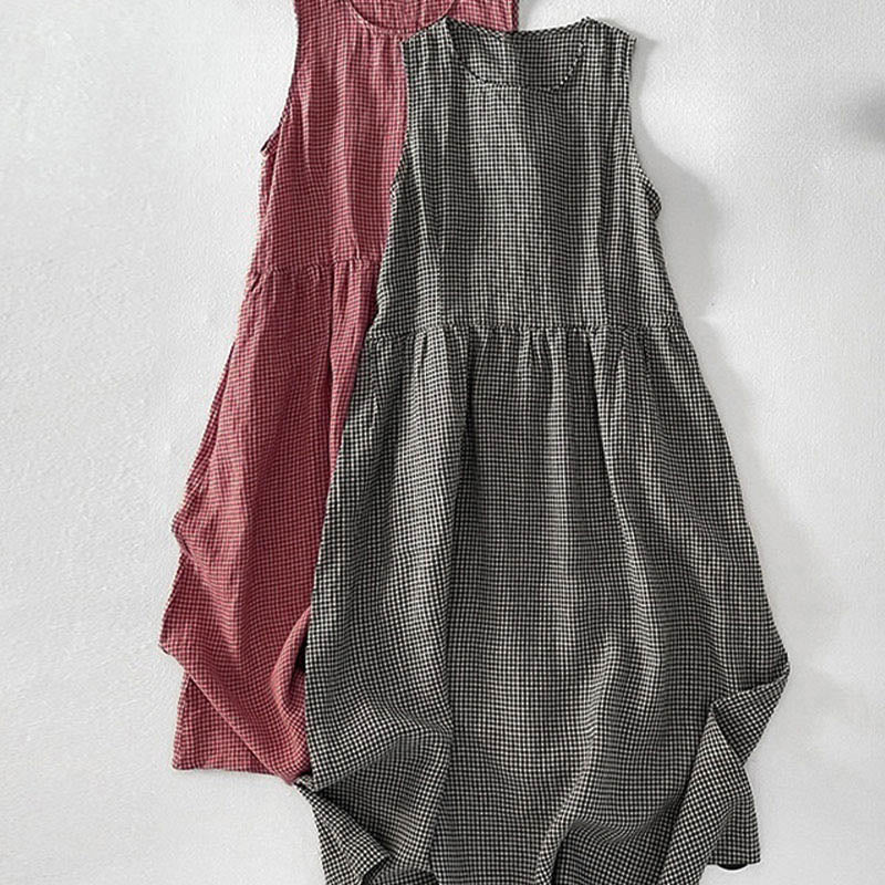 Damen Ärmelloses Midi Kleid Regular Fit Casual mit Karomuster und Taschen
