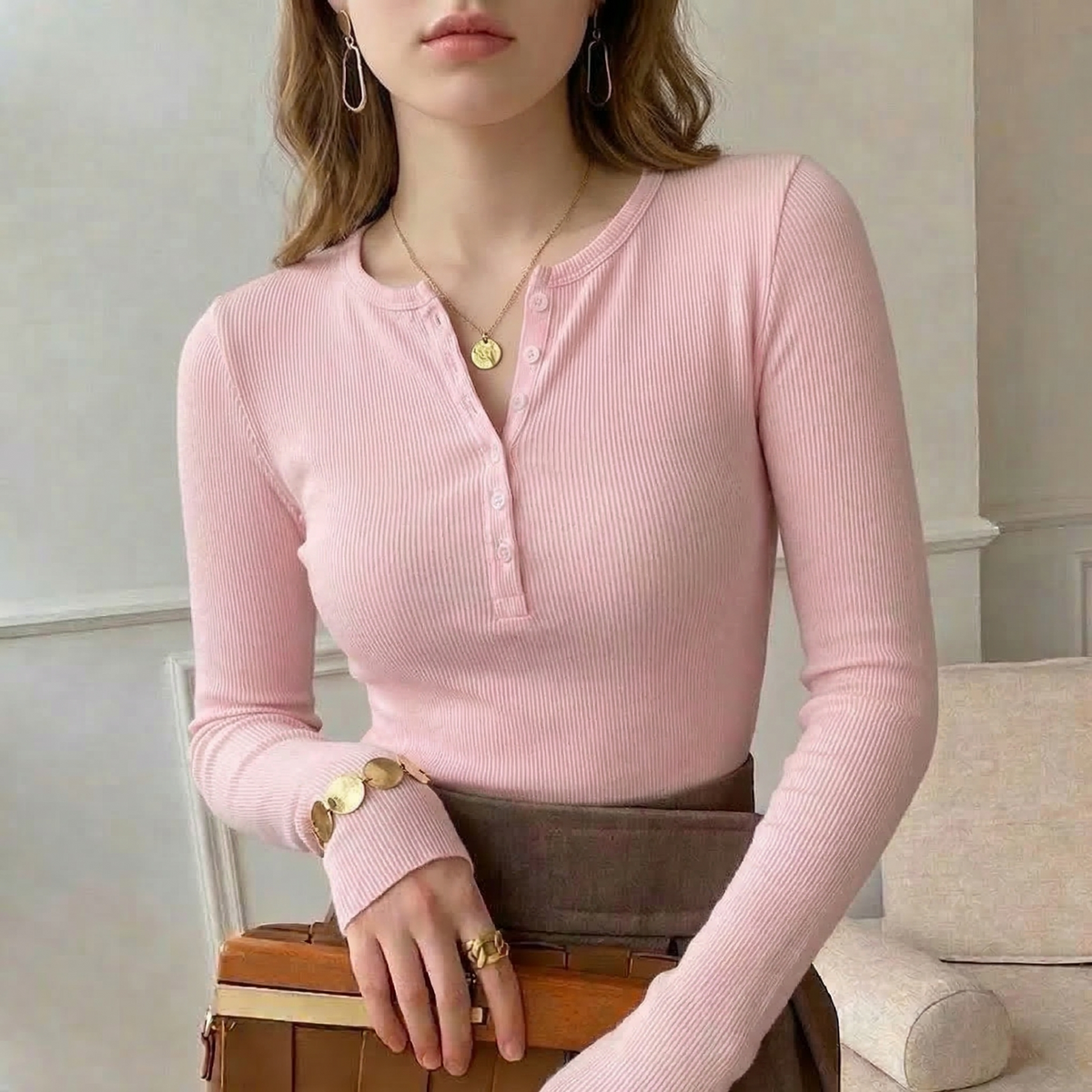 Henley Damen Leicht Gerippt Sommer Casual