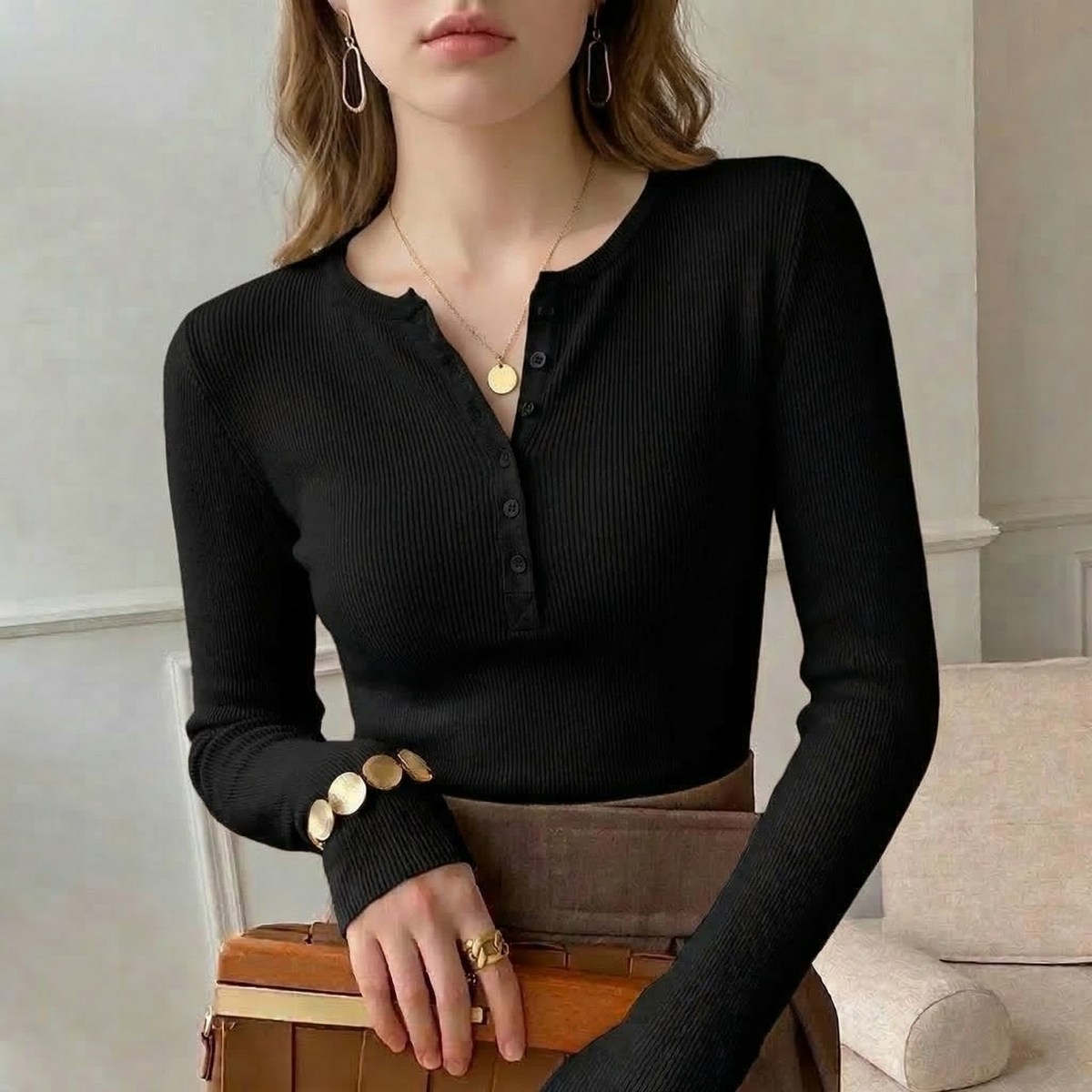Henley Damen Leicht Gerippt Sommer Casual