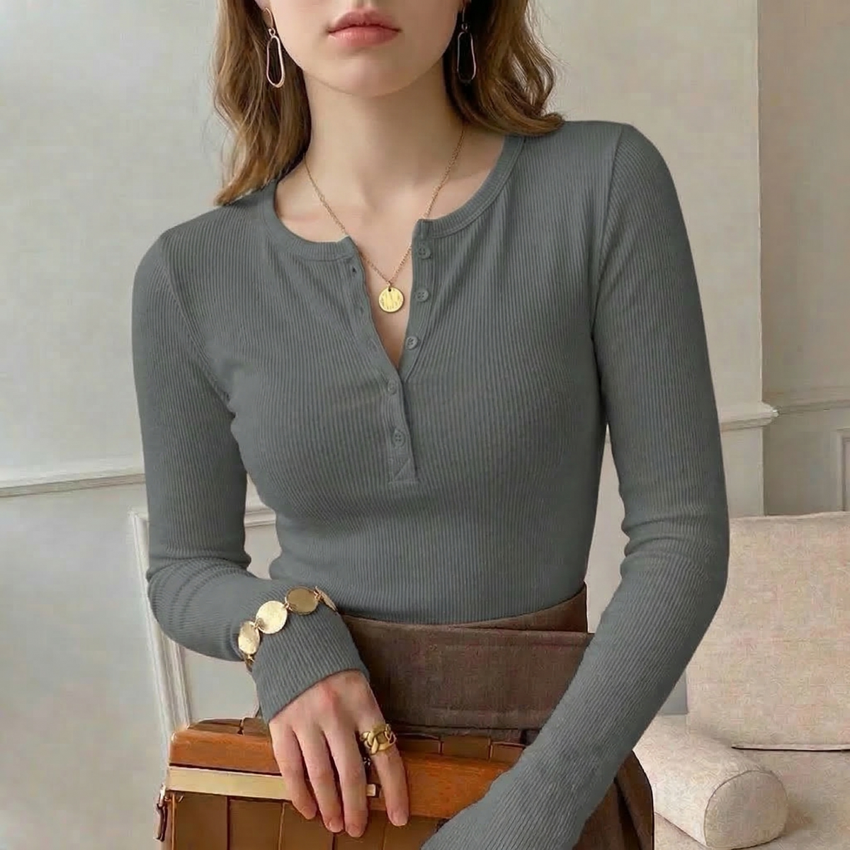 Henley Damen Leicht Gerippt Sommer Casual