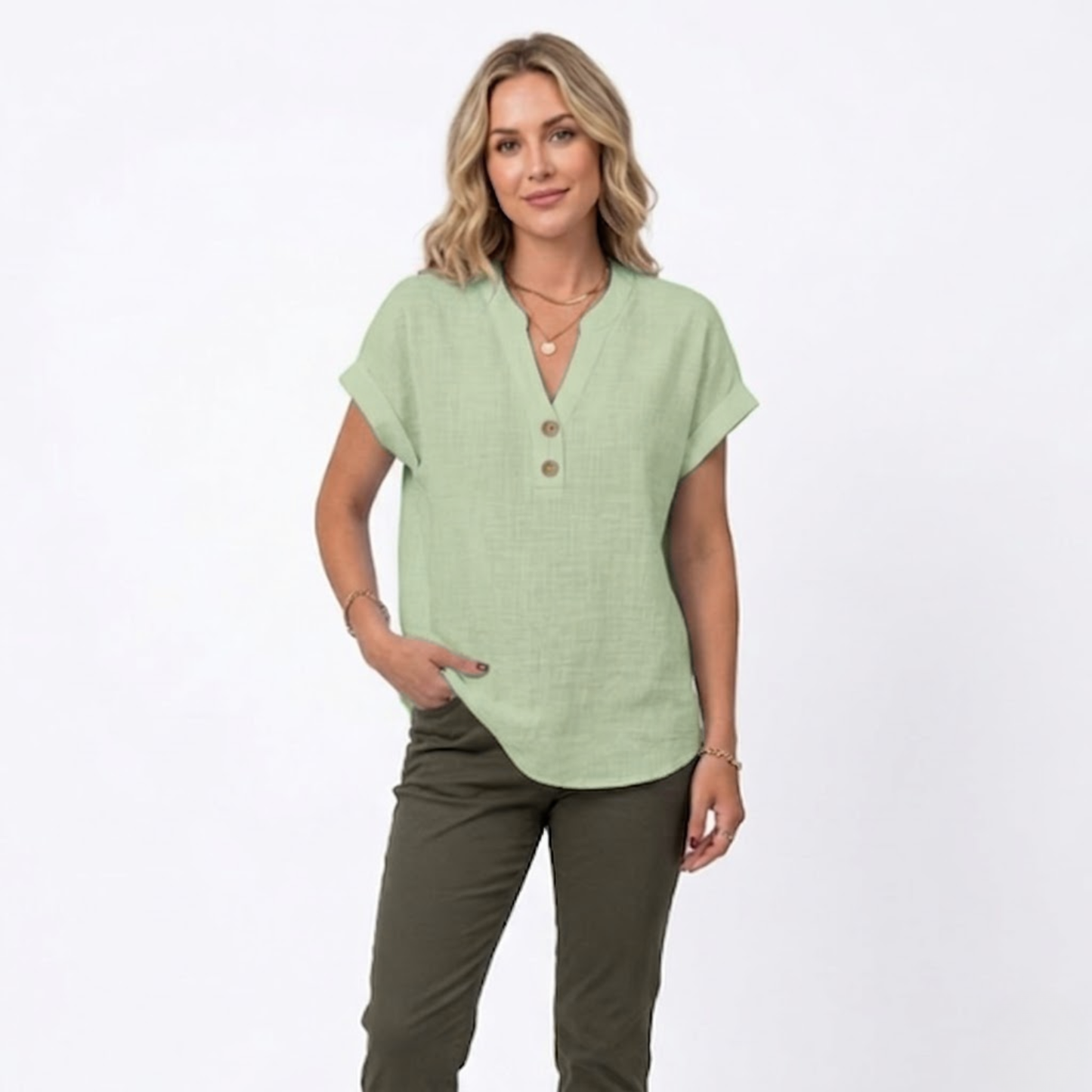 Bluse Damen Locker V-Ausschnitt Kurzarm Casual