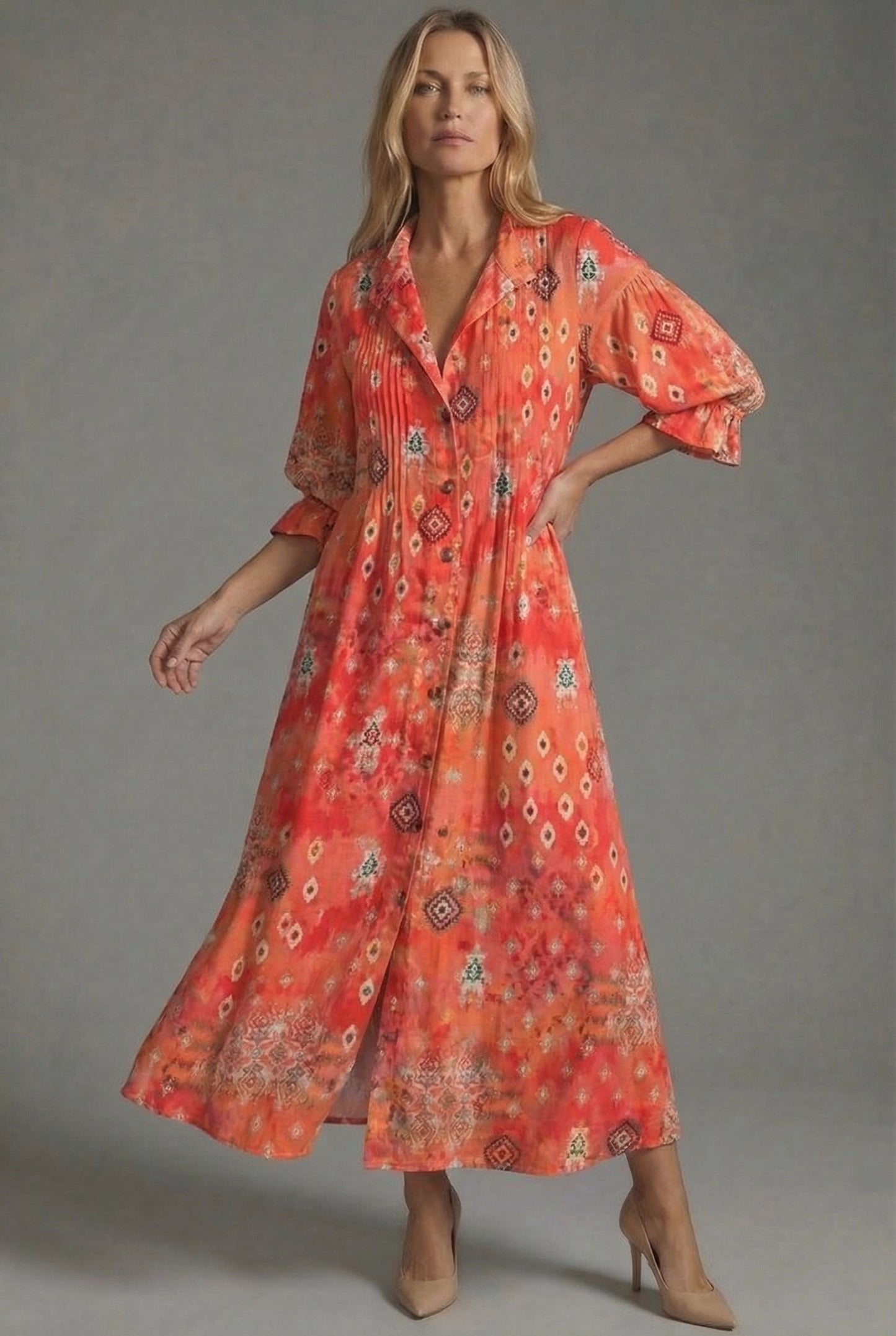 Maxikleid Damen A-Linie Knopf-Front Botanischer Print Sommer
