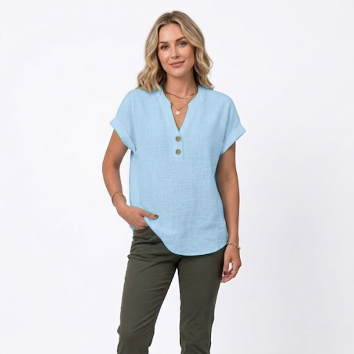 Bluse Damen Locker V-Ausschnitt Kurzarm Casual