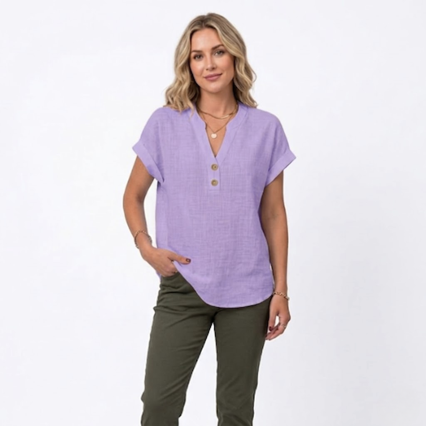 Bluse Damen Locker V-Ausschnitt Kurzarm Casual