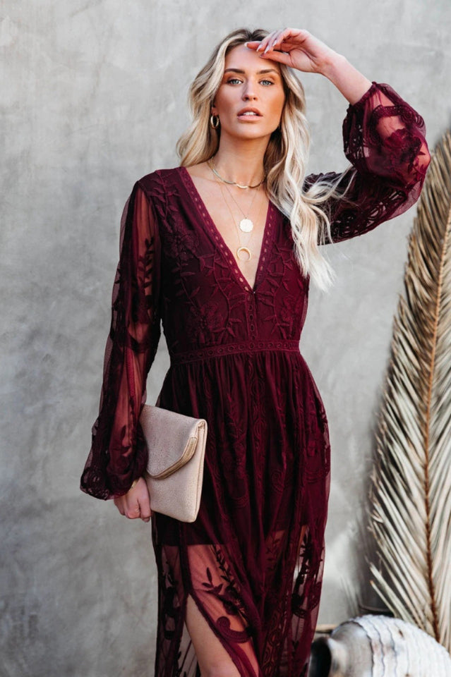 Langes Kleid Damen Boho Spitze V-Ausschnitt Hoher Schlitz