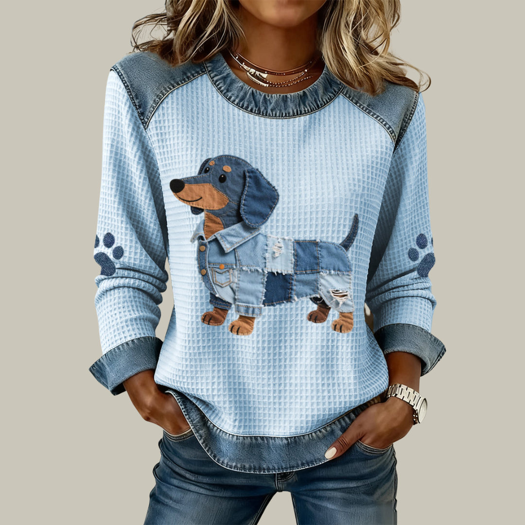 Bluse Damen Patchwork Welpenmotiv Lässig Alltag