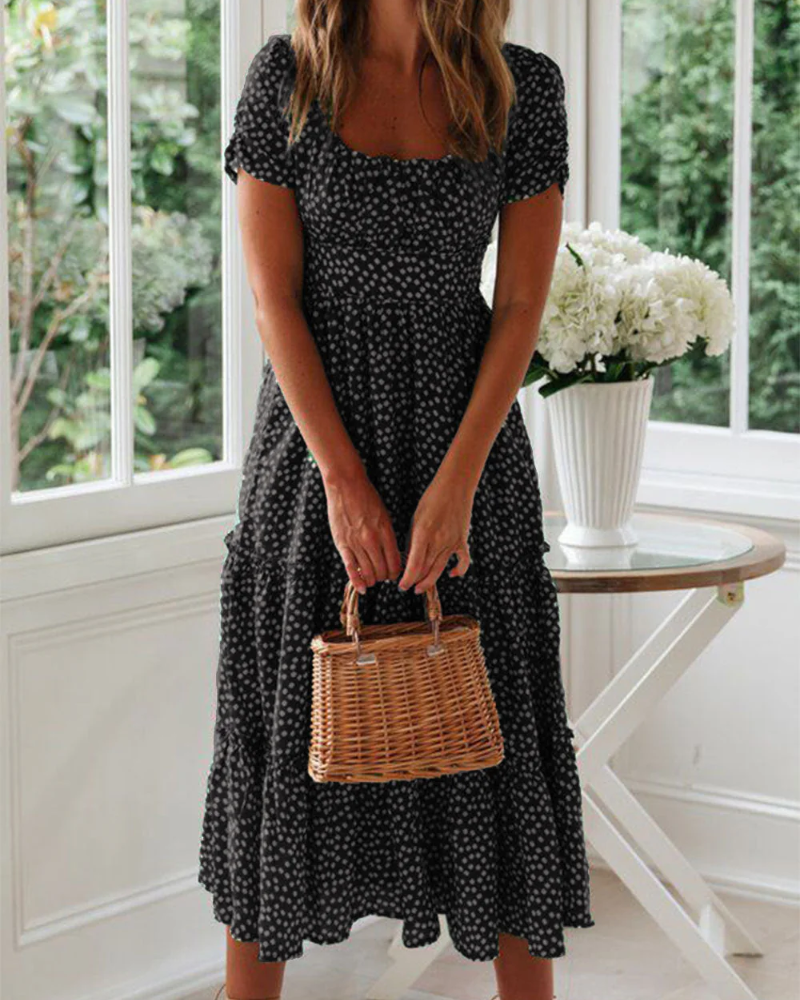 Sommerkleid Damen Midi Puffärmel Quadrat Ausschnitt Freizeit