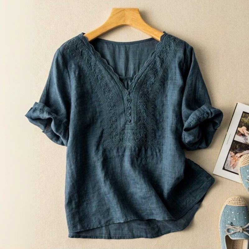 Bluse Damen Relaxed Fit Casual V-Ausschnitt Stickerei