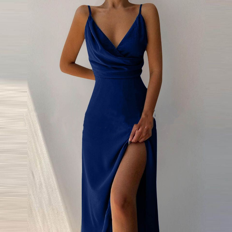 Sommerkleid Damen Slim Fit V-Ausschnitt Spaghettiträger Schlitz