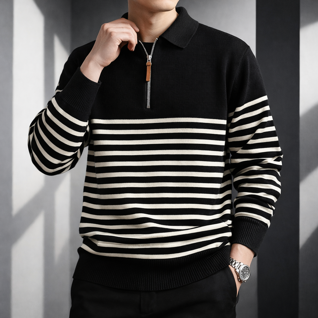 Pullover Herren Regular Fit Freizeit Viertel-Reißverschluss Gestreift