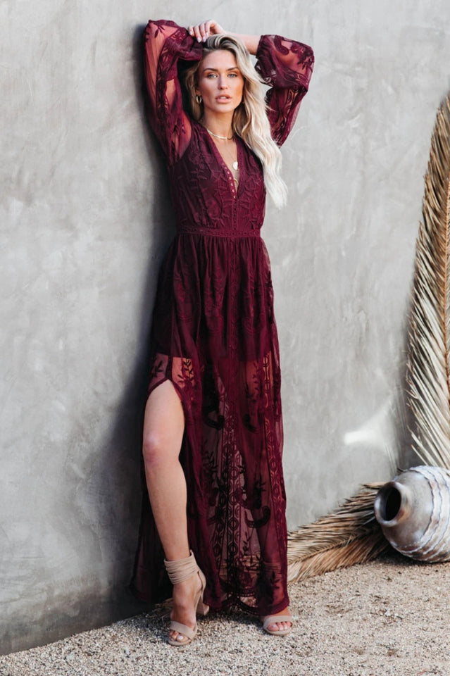 Langes Kleid Damen Boho Spitze V-Ausschnitt Hoher Schlitz