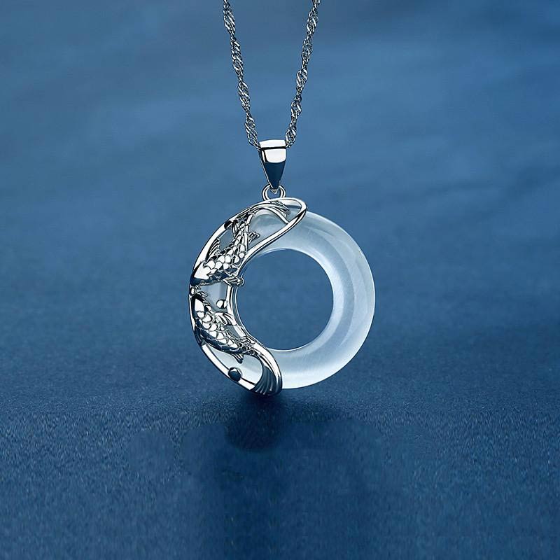 Halskette Damen Unisex Weißer Jade Koi Glücksanhänger