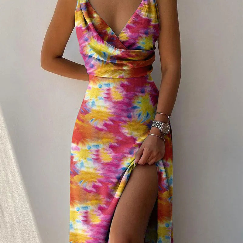 Sommerkleid Damen Slim Fit V-Ausschnitt Spaghettiträger Schlitz