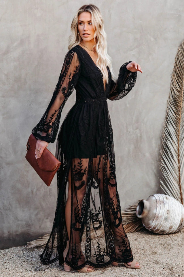 Langes Kleid Damen Boho Spitze V-Ausschnitt Hoher Schlitz