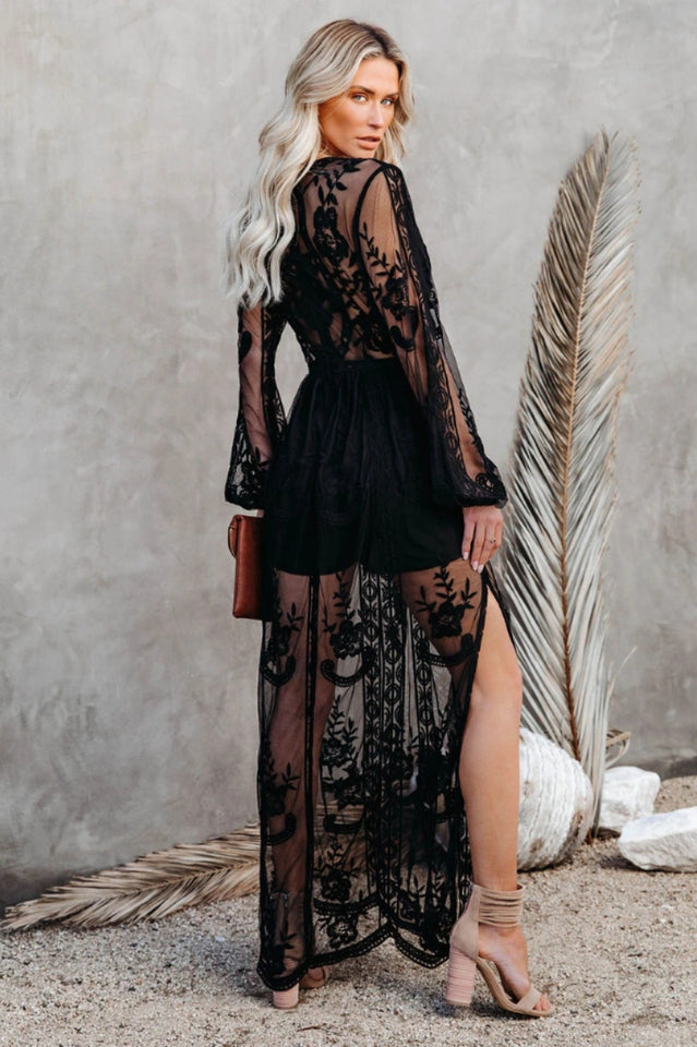 Langes Kleid Damen Boho Spitze V-Ausschnitt Hoher Schlitz