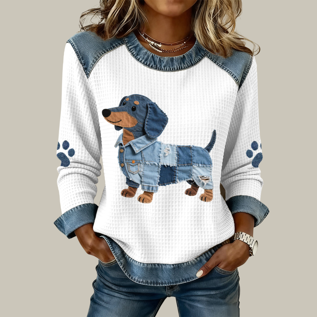 Bluse Damen Patchwork Welpenmotiv Lässig Alltag