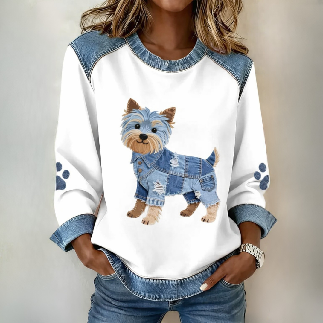 Bluse Damen Modern Patchwork Hundemuster Casual