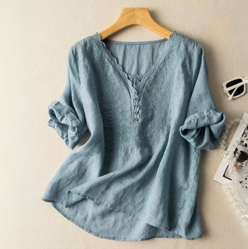 Bluse Damen Relaxed Fit Casual V-Ausschnitt Stickerei