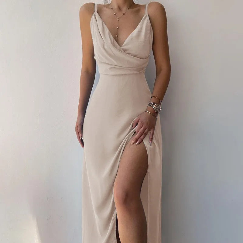 Sommerkleid Damen Slim Fit V-Ausschnitt Spaghettiträger Schlitz