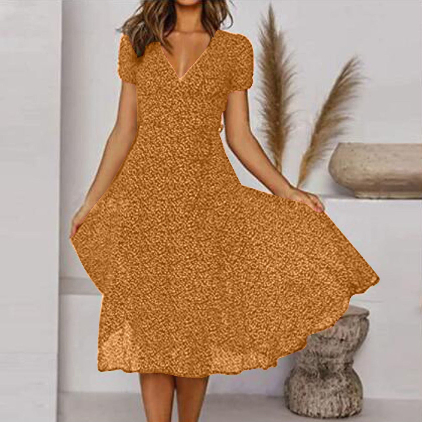 Sommerkleid Damen Luftig Casual V-Ausschnitt