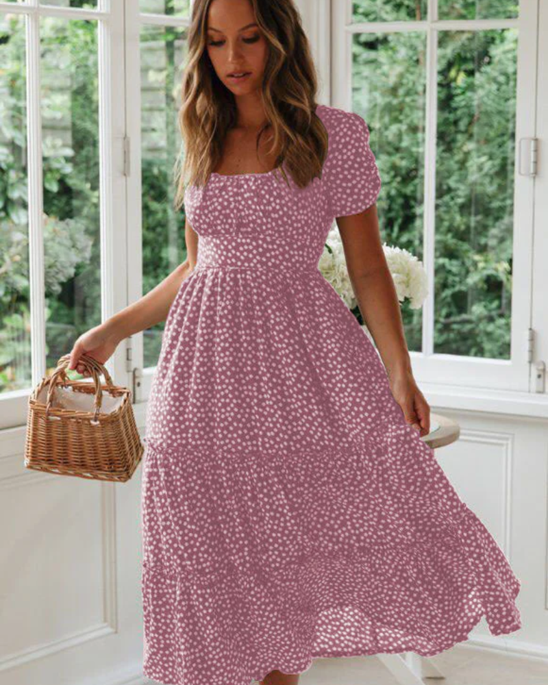 Sommerkleid Damen Midi Puffärmel Quadrat Ausschnitt Freizeit
