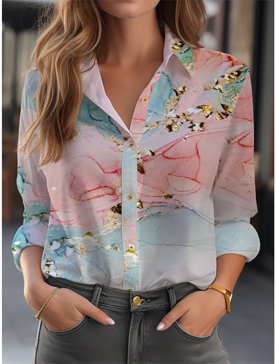Langarmbluse für Damen mit floralem Muster und V-Ausschnitt, elegant und casual