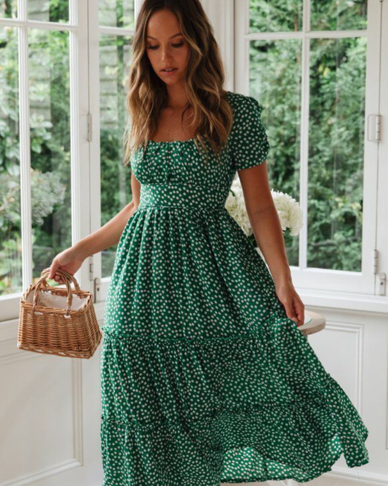 Sommerkleid Damen Midi Puffärmel Quadrat Ausschnitt Freizeit