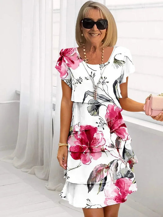 Floral Faltenkleid für Damen mit Rüschen und kaskadierenden Lagen