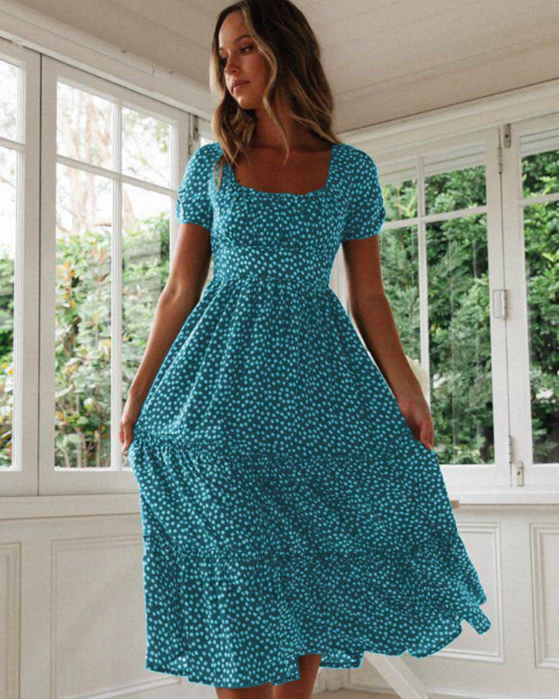 Sommerkleid Damen Midi Puffärmel Quadrat Ausschnitt Freizeit