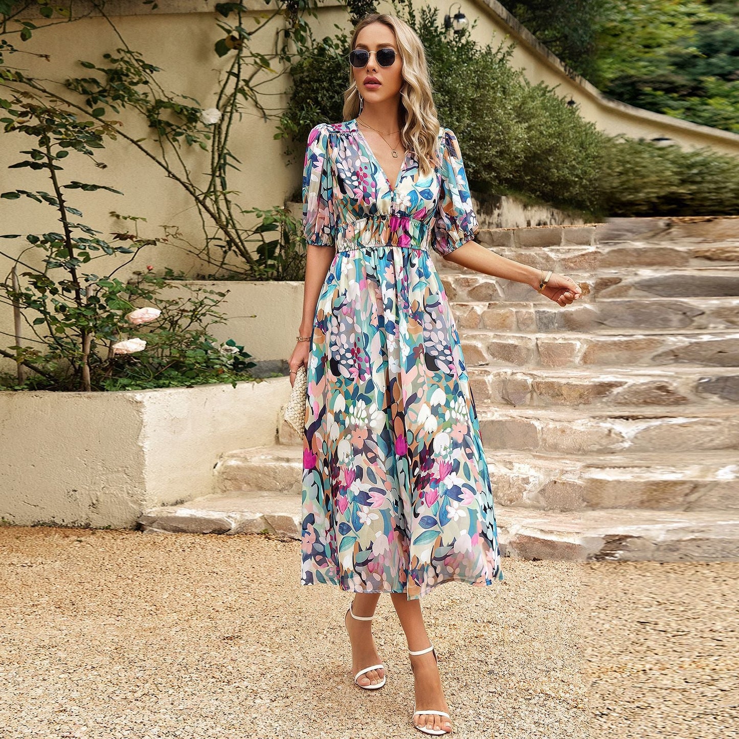 Midikleid Damen Regular Fit Elegant Blumenmuster