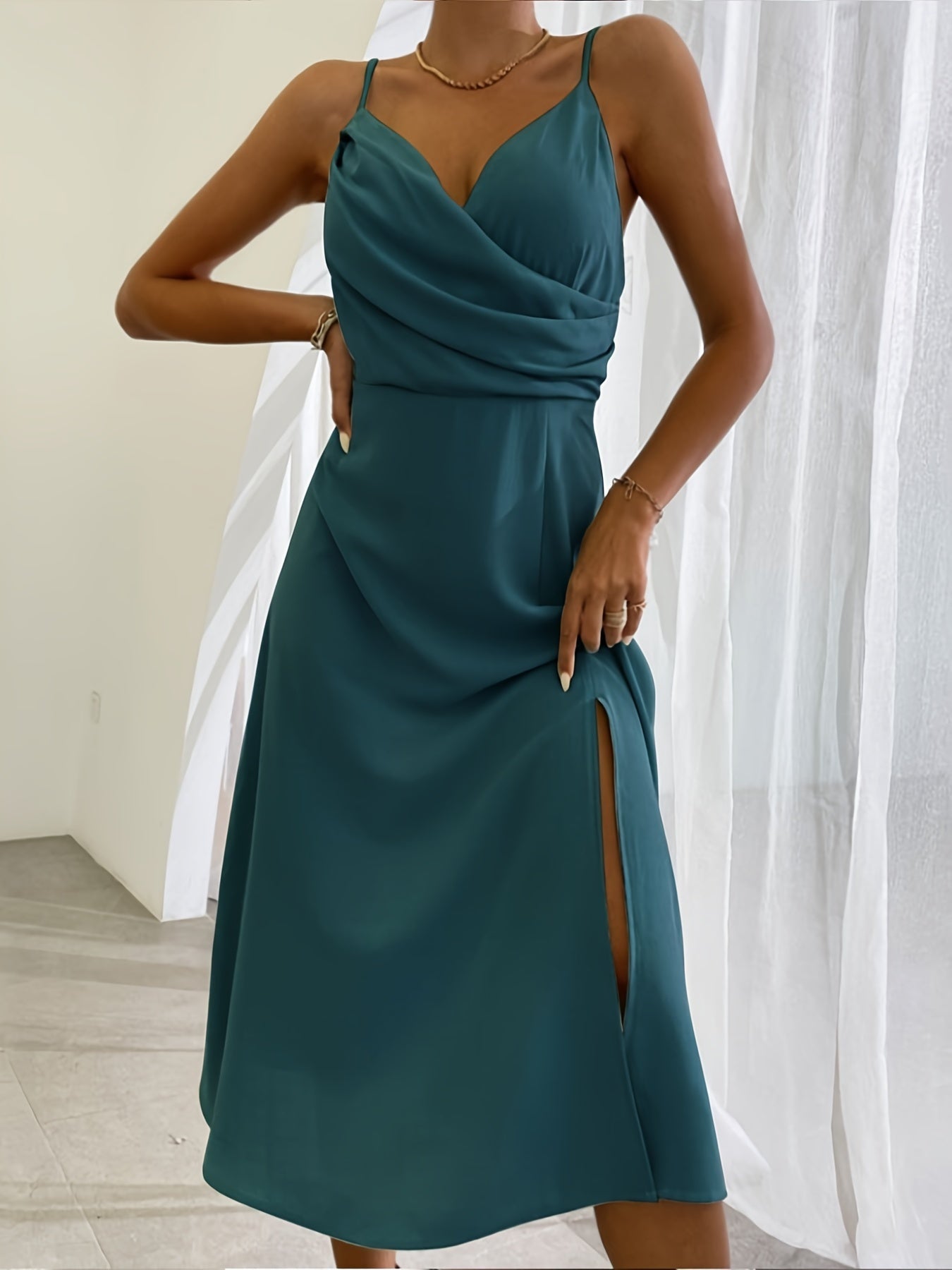 Sommerkleid Damen Slim Fit V-Ausschnitt Spaghettiträger Schlitz