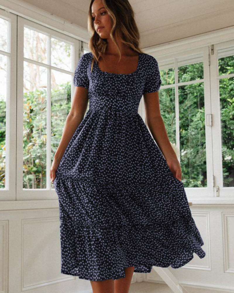 Sommerkleid Damen Midi Puffärmel Quadrat Ausschnitt Freizeit