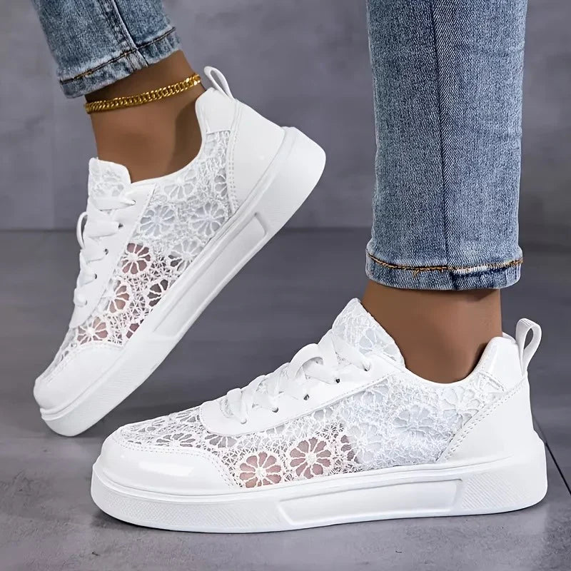 Sneaker Damen Leicht Atmungsaktiv Blumen-Spitzenmuster