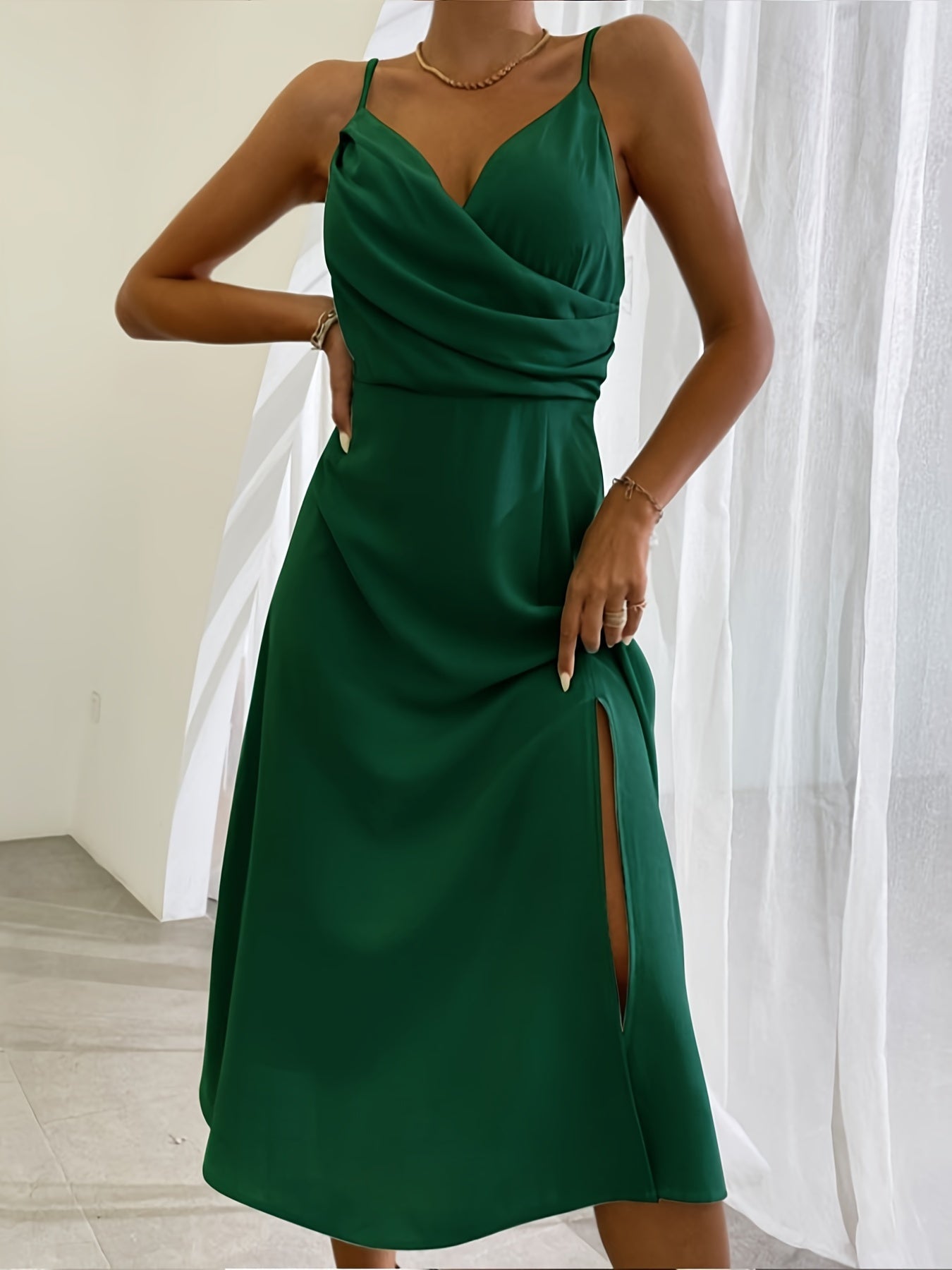 Sommerkleid Damen Slim Fit V-Ausschnitt Spaghettiträger Schlitz