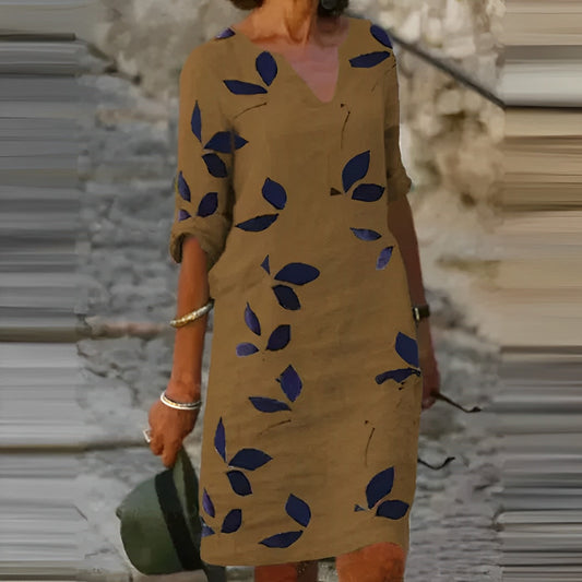 Robe d'été femme trapèze col V motif feuilles décontracté
