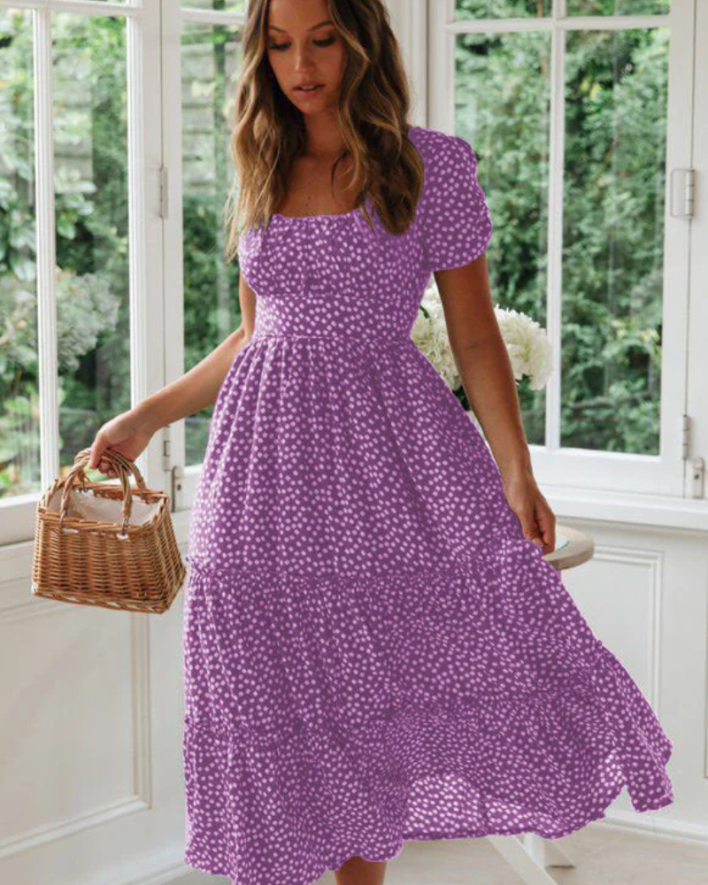Sommerkleid Damen Midi Puffärmel Quadrat Ausschnitt Freizeit